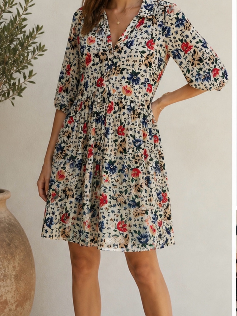 ba&sh Cream Floral V-Neck Tiered Mini Dress with Red and Blue Accents